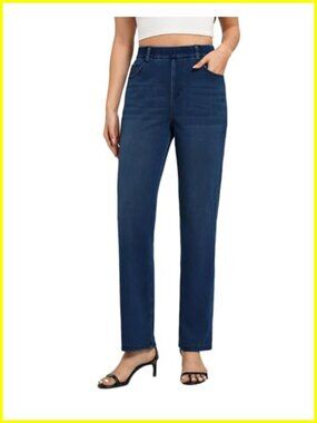 High Waisted Straight Leg Pull On Jeans with Pockets 4-Way Stretch